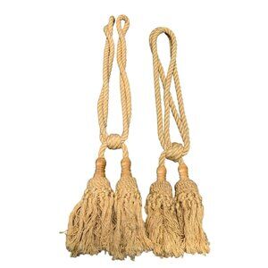 Vintage Beige Tassel Curtain Tiebacks with Wooden Accents Set of 2